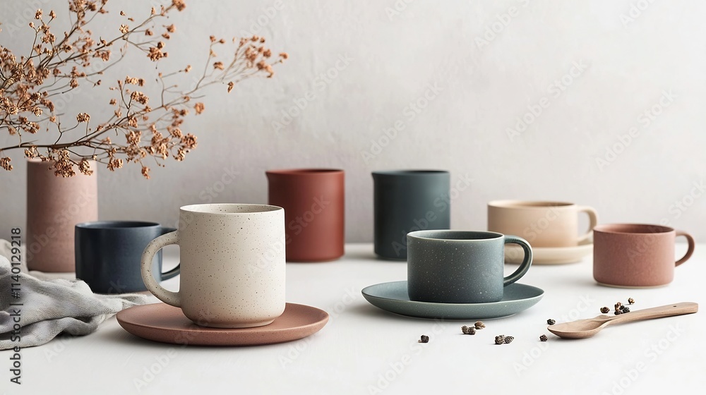Poster visually appealing scene of neatly arranged ceramic cups and saucers on a clean white table surface 