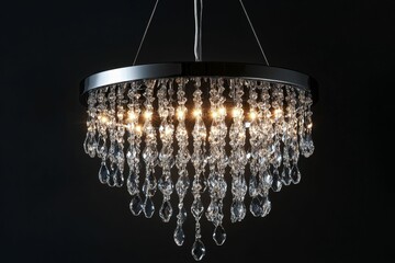 Illuminated crystal chandelier, hanging, dark background.