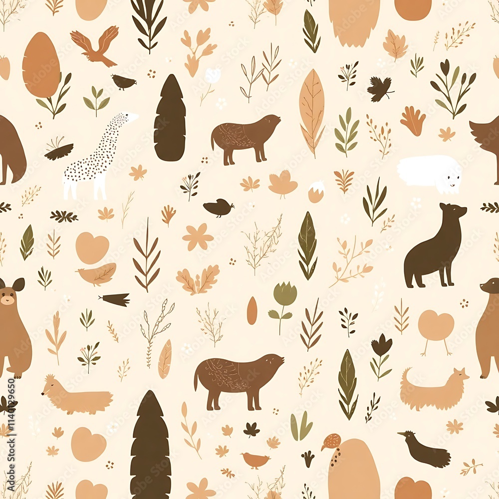 Poster whimsical woodland seamless pattern: a delightful pattern showcasing adorable woodland creatures and