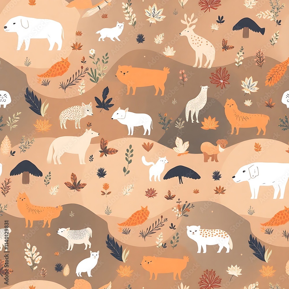 Poster autumnal forest animals seamless pattern: a whimsical and charming seamless pattern featuring a dive