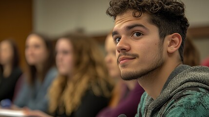 Obraz premium A young man with curly hair and a beard sits in a classroom, looking thoughtfully at the camera.