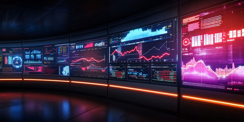 High-tech data visualization in a modern control room.