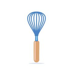 Balloon whisk kitchen tool. Blue whisk with wooden handle, perfect for baking and cooking.  Symbolizes effortless mixing and culinary creativity.