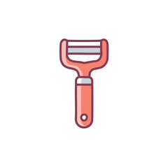 Red vegetable peeler. Efficient kitchen tool for peeling vegetables and fruits effortlessly.  Simplifies meal prep.