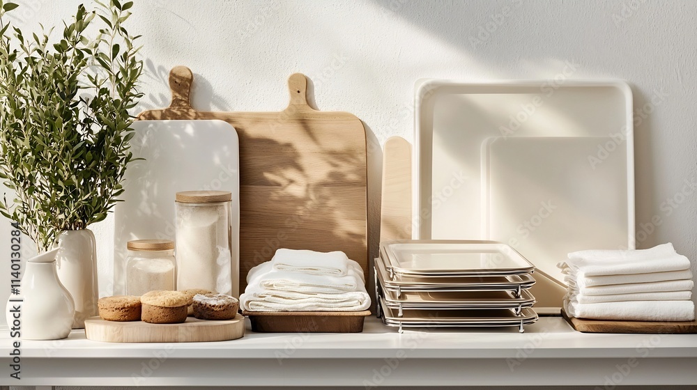 Poster a detailed image showcasing a neat arrangement of various baking trays and cooling racks stacked on 