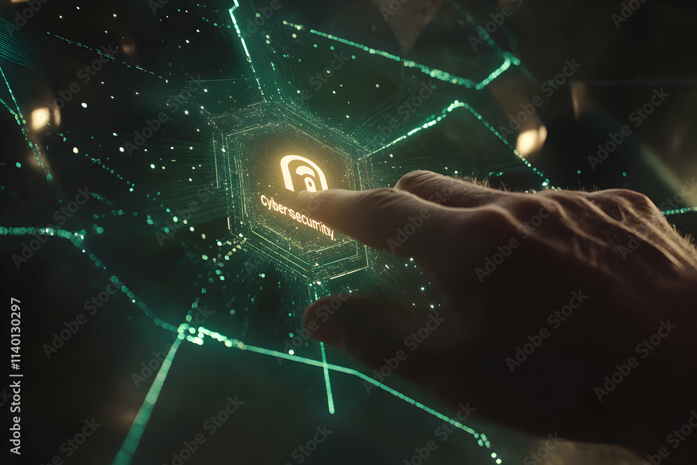 Poster abstract close-up of a hand interacting with a futuristic cybersecurity interface, glowing green net