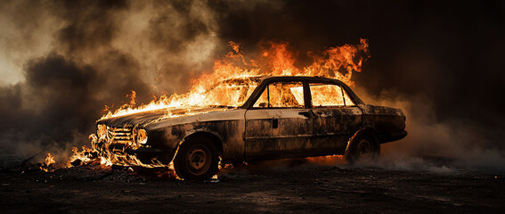 A burning car amidst dark surroundings, depicting destruction.