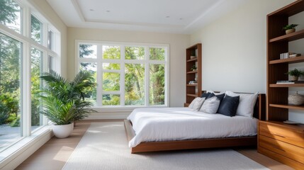 Modern bedroom with large windows, natural light, and stylish furniture in tranquil interior space