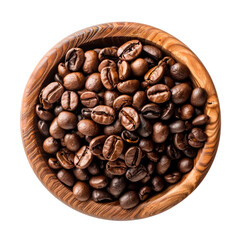 Fototapeta premium Coffee beans in wooden bowl top view, isolated on a transparent background. PNG element.