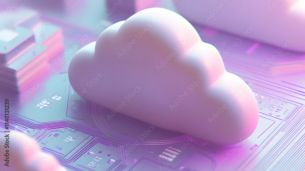 Poster abstract cloud computing concept. stylized 3d cloud rests on a circuit board, symbolizing data stora