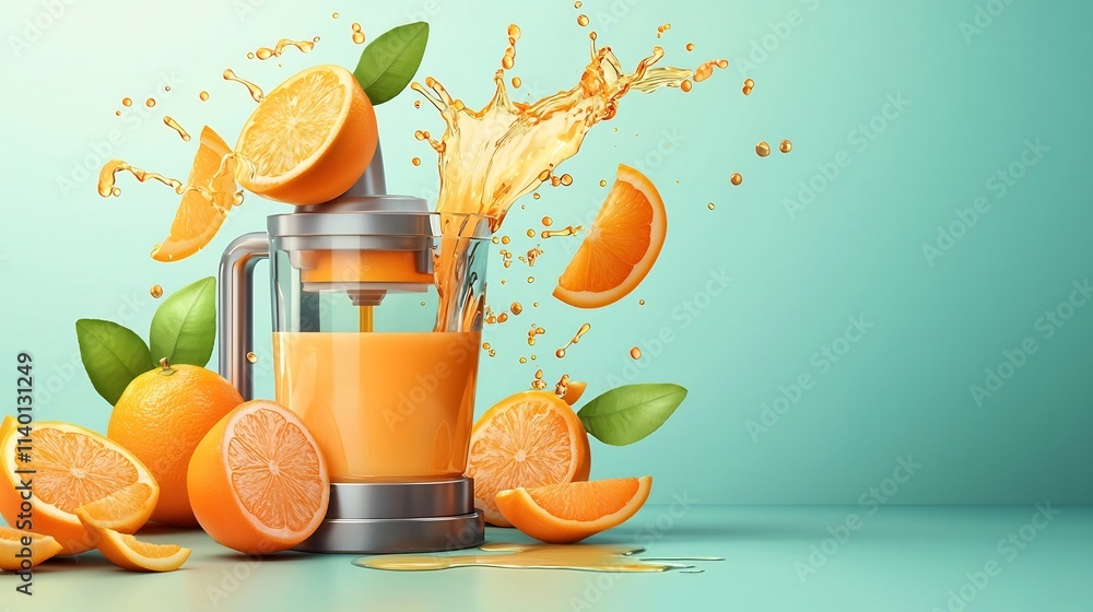 Poster flat image of a citrus juicer with freshly squeezed oranges and lemons along with splashes of juice 