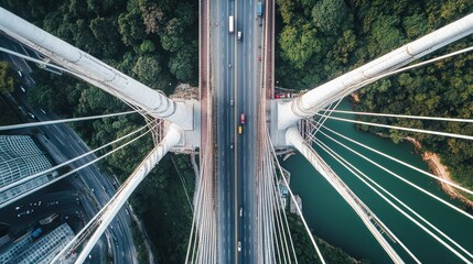 Aerial view of a cable-stayed bridge with cars driving on it.
