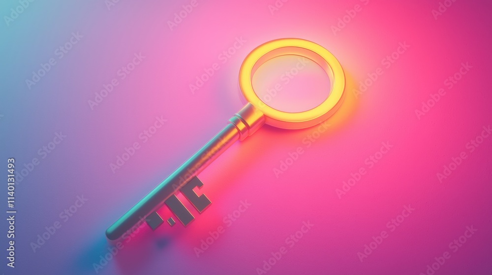 Poster 3d render of a glowing key on a clean pastel background with soft lighting and smooth textures