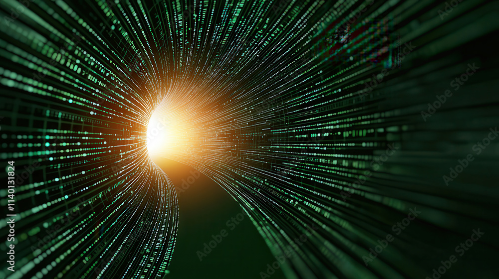 Poster etf inflows concept. digital tunnel with glowing light and flowing binary data