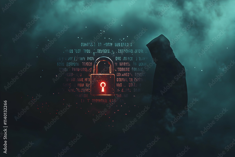 Poster mysterious hooded figure stands before a glowing red padlock and digital code, symbolizing cybersecu