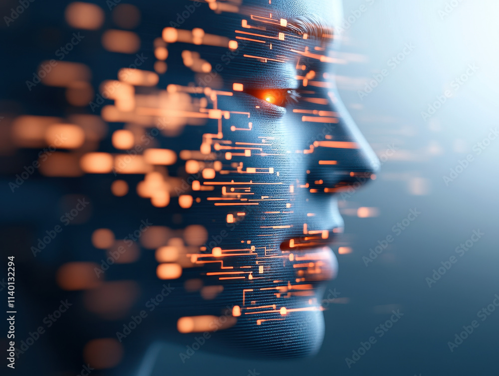 Aufkleber futuristic facial recognition interface with glowing data streams, showcasing advanced technology an