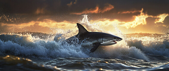 A shark leaps from the ocean against a dramatic sunset.