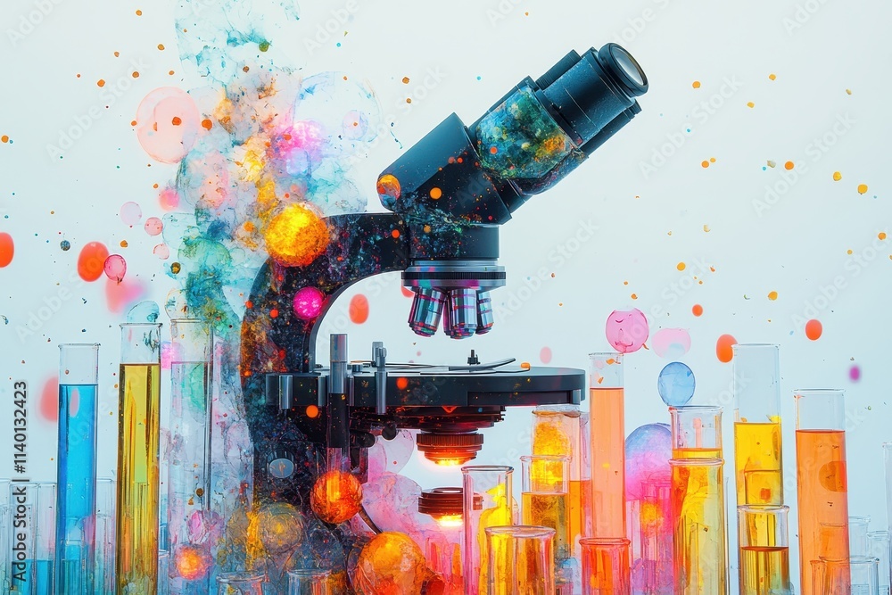 Poster a colorful microscope surrounded by vibrant test tubes and abstract splashes.