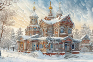 Obraz premium a colorful building in the traditional Russian architectural style, decorated with rich carvings and domes covered with snow. 