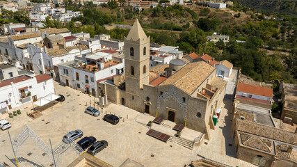Aerial view of the church of San Bernardino da Siena located in the historic center of the town of Bernalda, in the province of Matera, Basilicata, Italy.