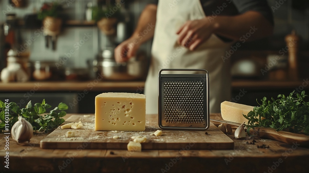 Poster close up of a sleek and shiny stainless steel grater placed on a wooden kitchen counter with a block