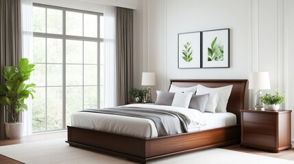 Fototapeta premium Modern Minimalist Bedroom with Natural Light, Stylish Furniture, and Indoor Plants in a Heartwarming Space
