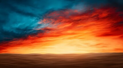 Fototapeta premium A painterly depiction of a sunset over a desert landscape, with vibrant orange and red hues dominating the sky, contrasting against a darker teal blue above, and a smooth, undulating brown desert bel