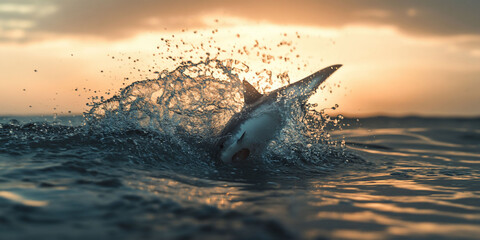 Fototapeta premium Shark breaching the water at sunset, creating a splash.