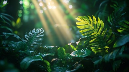 Serene Tropical Rainforest Canopy with Lush Foliage and Beams of Light