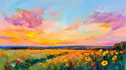 Sunflower field at sunset, an impressionist-style painting, with warm colors and soft brushstrokes, depicting the golden hues of sunflowers against an open sky