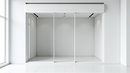 A minimalist white storefront with a clean facade, showcasing an empty space and modern design, exuding elegance and simplicity