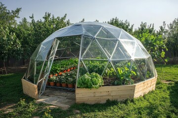 Geodesic dome greenhouse shelters potted plants.