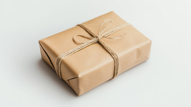 Box wrapped in brown paper and jute string - parcel delivery concept on white background 