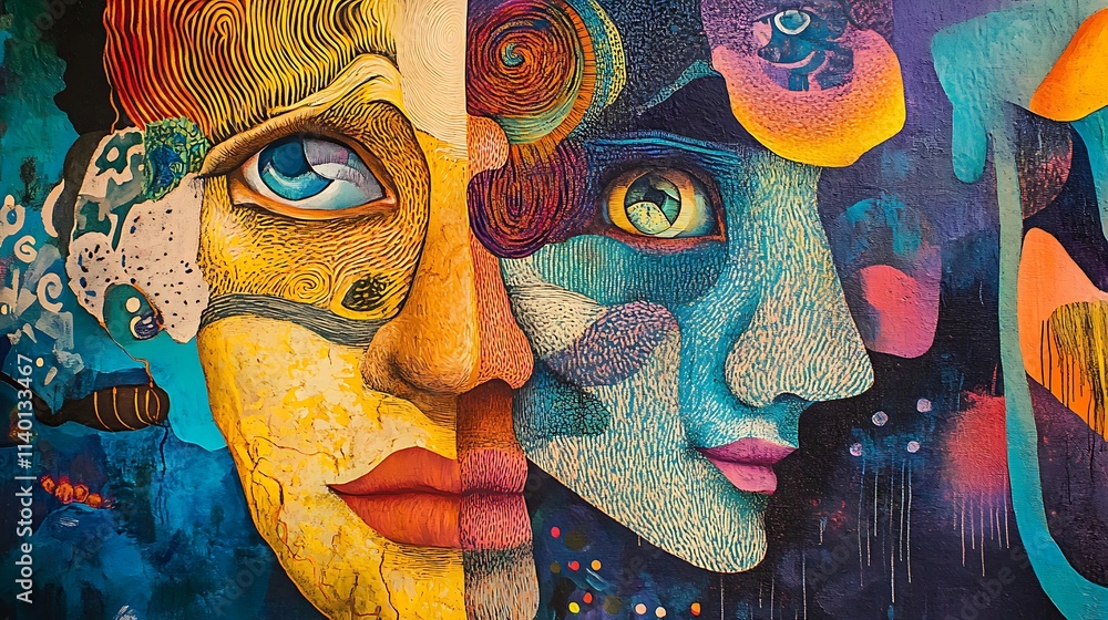 Poster mural featuring two intertwined faces. the vibrant colors and intricate details create a mesmerizing