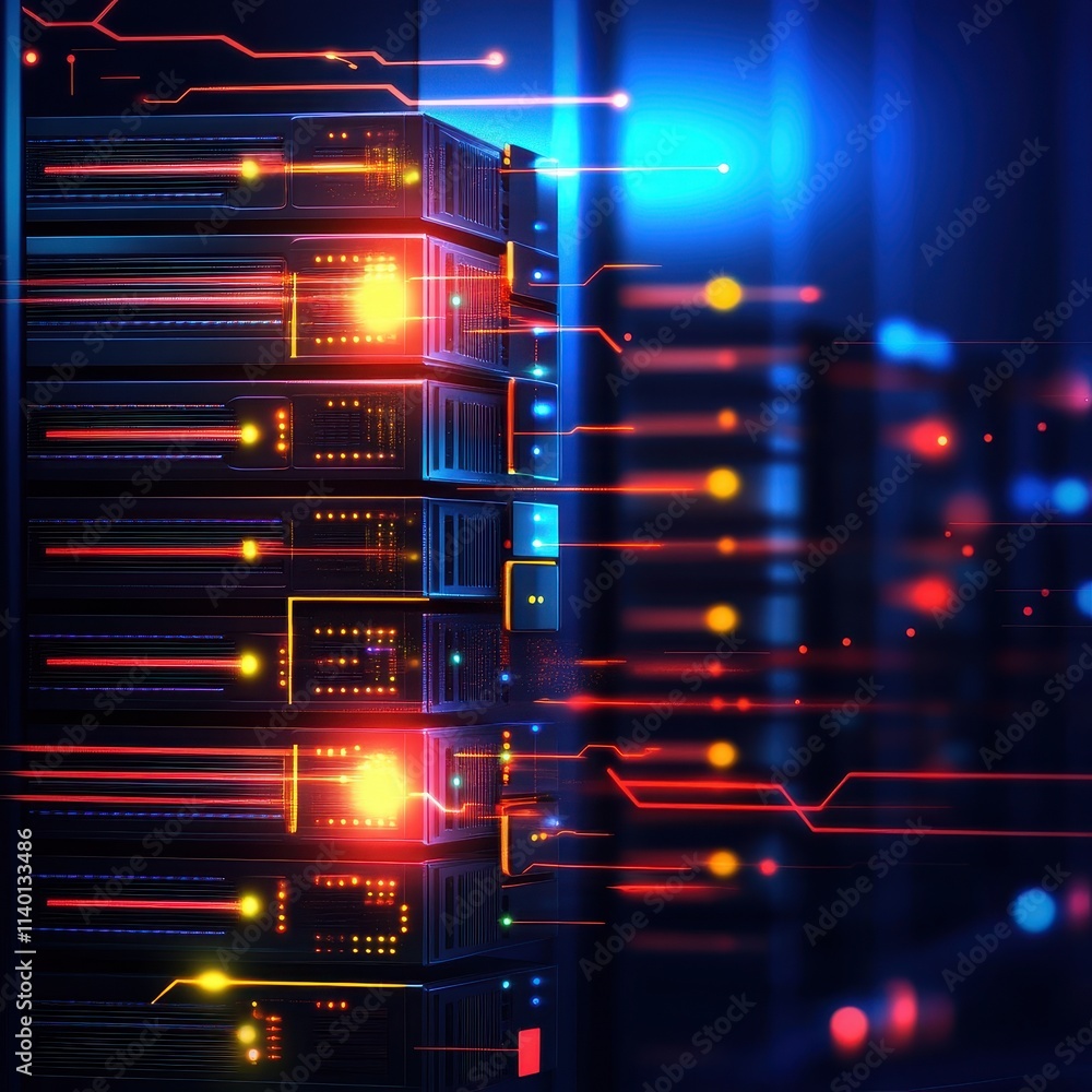 Poster abstract data center visualization with bright lights and digital connections