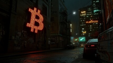 A glowing Bitcoin symbol illuminates a dark, rainy city street, suggesting a future where cryptocurrency is king.