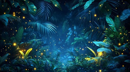 Enchanting Tropical Rainforest at Night with Glowing Fireflies and Lush Foliage