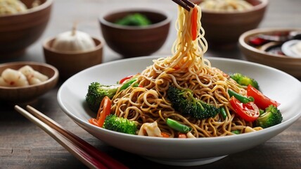 Stir fried noodle with vegetable for Chinese vegetarian festival, Vegetarian food Festival, isolated on white background
