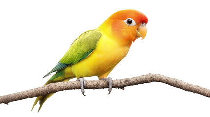 Cheerful Parrot on a Branch with Leaves isolated on a white background
