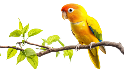 Cheerful Parrot on a Branch with Leaves isolated on a white background
