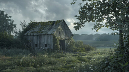 Barn Ruins in the Country: A rustic scene of a barn in ruins, with broken walls and overgrown fields, symbolizing the end of an era in rural life.