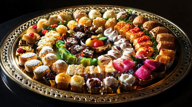 A beautifully arranged platter of traditional sweets, such as baklava and maamoul, symbolizing celebration and joy during Ramadan