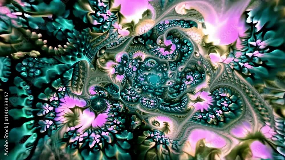 Poster complex fractal animation morphing and evolving, creating an immersive and mesmerizing visual experi