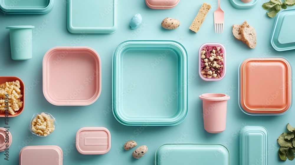 Poster Neatly arranged colorful plastic food containers with lids in a minimal clean flat lay composition providing ample copy space for product or text overlay