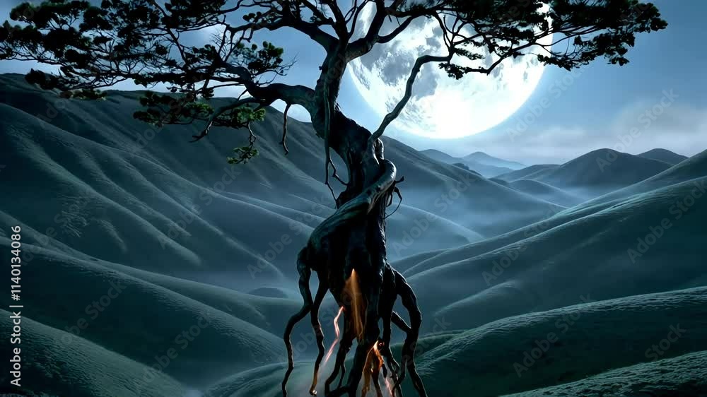 Aufkleber surreal landscape showcases a glowing bonsai tree illuminated by the full moon, creating a mystical 