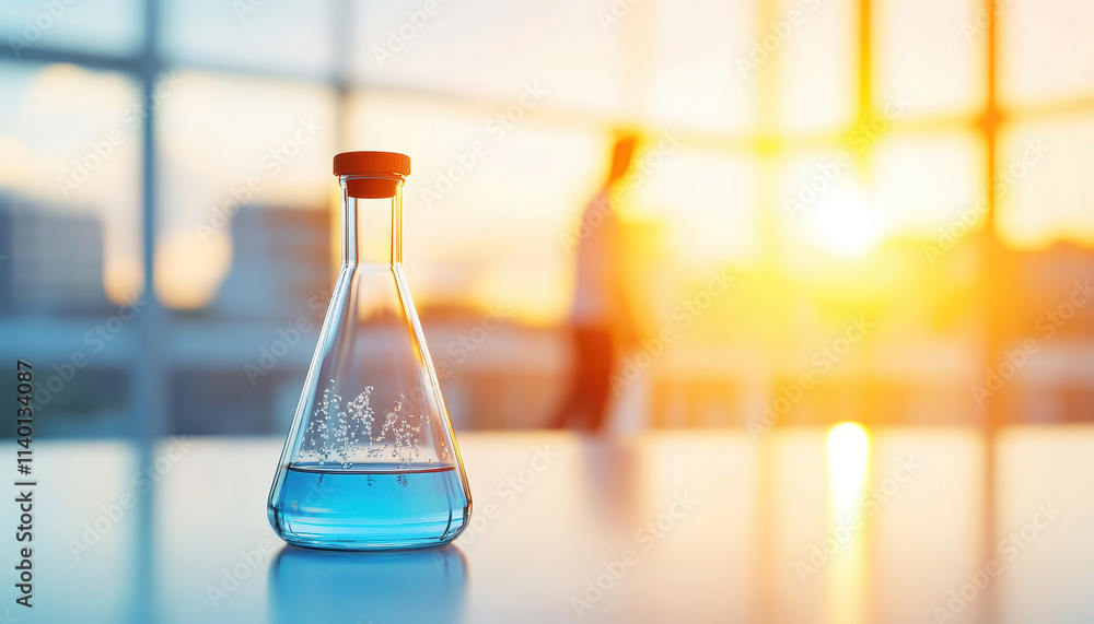 Poster glass flask with bubbling blue liquid sits on table in laboratory, illuminated by warm sunlight. bac