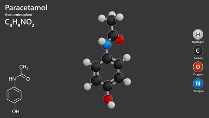 Molecule: Paracetamol. Drug. Analgesic. Antipyretic. Molecular formula: C8H9NO2. Chemical model: Ball and Stick. Gray background. 3d illustration