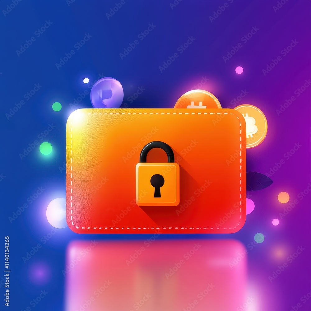 Poster orange wallet with lock symbol on colorful background for digital security and privacy