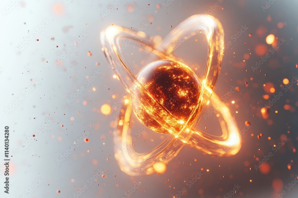 Poster a glowing atomic structure representing energy and science concepts.