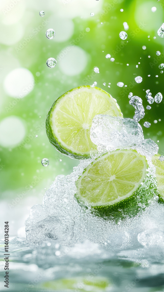 Aufkleber fresh lime slices splashing in sparkling water, creating refreshing scene with vibrant green bokeh i